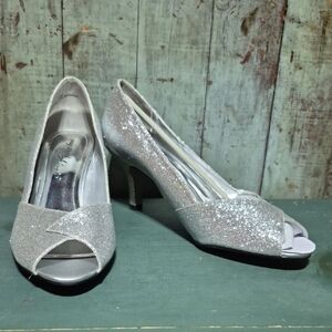 Easy Street Glittering Silver Peep-Toe Heels